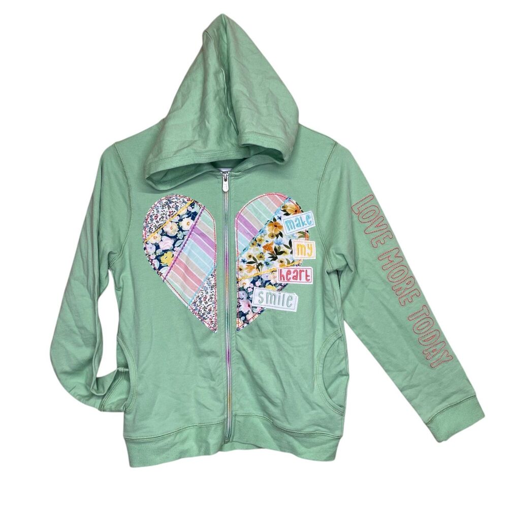 Peek Hoodie Zip Up Patchwork Green Heart Long Sleeve Embroidery Flowers Size 12